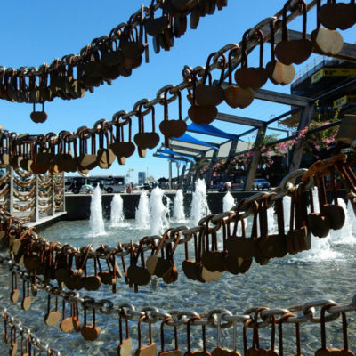 heart shaped padlocks at Bell Tower. Perth, Australia
