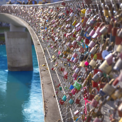 Love locks hanging from Makartsteg footbridge, Salzburg, Austria